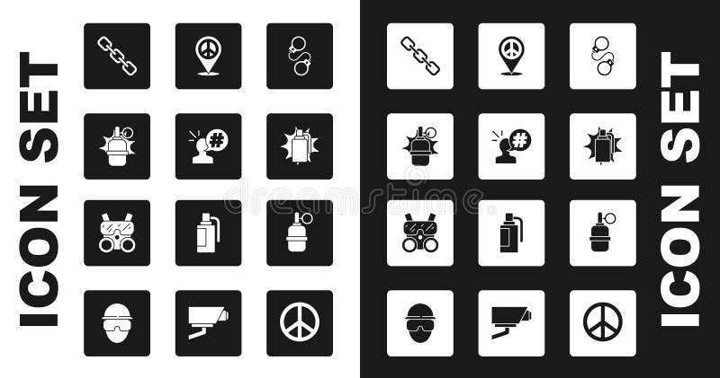Set Handcuffs, Protest, grenade, Chain link, Location peace, and Gas mask icon. Vector royalty free illustration