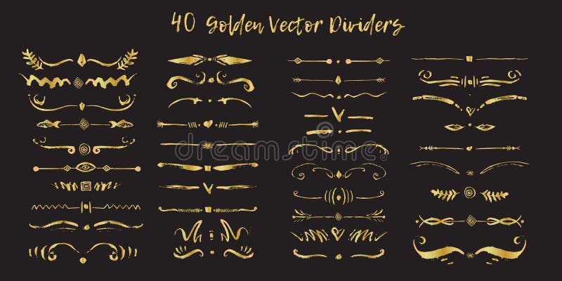 Set of handdrawn golden divide borders in ink. Swirls and dividers for design. Vector Black stylish border on black vector illustration Set of handdrawn golden divide borders in ink. Swirls and dividers for design. Vector Black stylish border on black vector illustration
