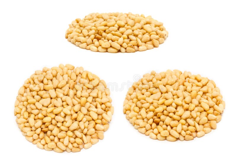 Set of handfuls of seeds from different angles - peeled pine nut kernels, close up stock photos