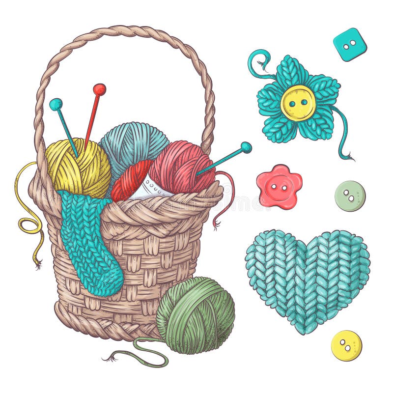 Set for handmade basket with balls of yarn, elements and accessories for crochet and knitting. stock illustration Set for handmade basket with balls of yarn, elements and accessories for crochet and knitting. stock illustration