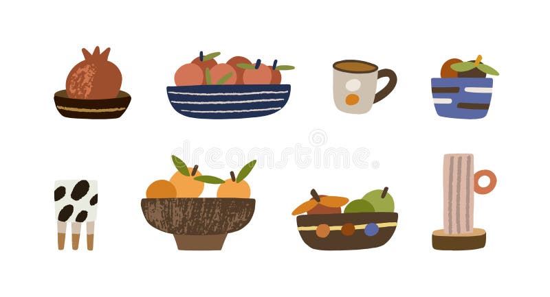 Set of handmade bowls with fruits, plates, pots, cups and mugs. Cute pottery of different sizes and shapes for cozy