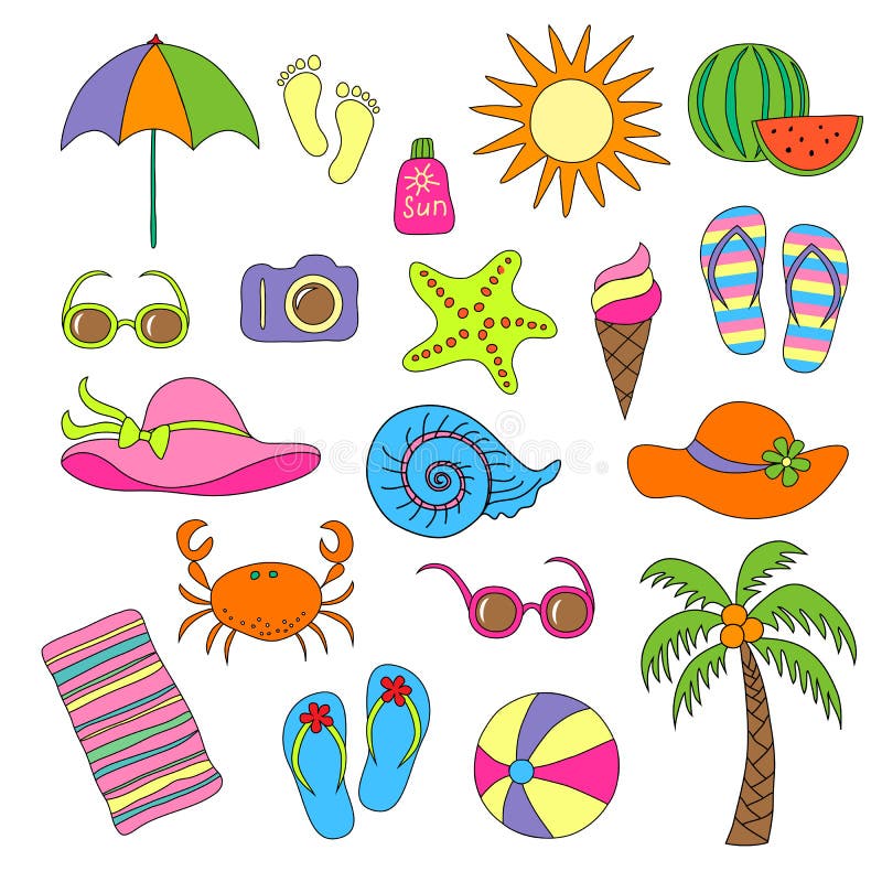 Set of Handmade Symbols and Icons Summer and Vacation on the Beach ...
