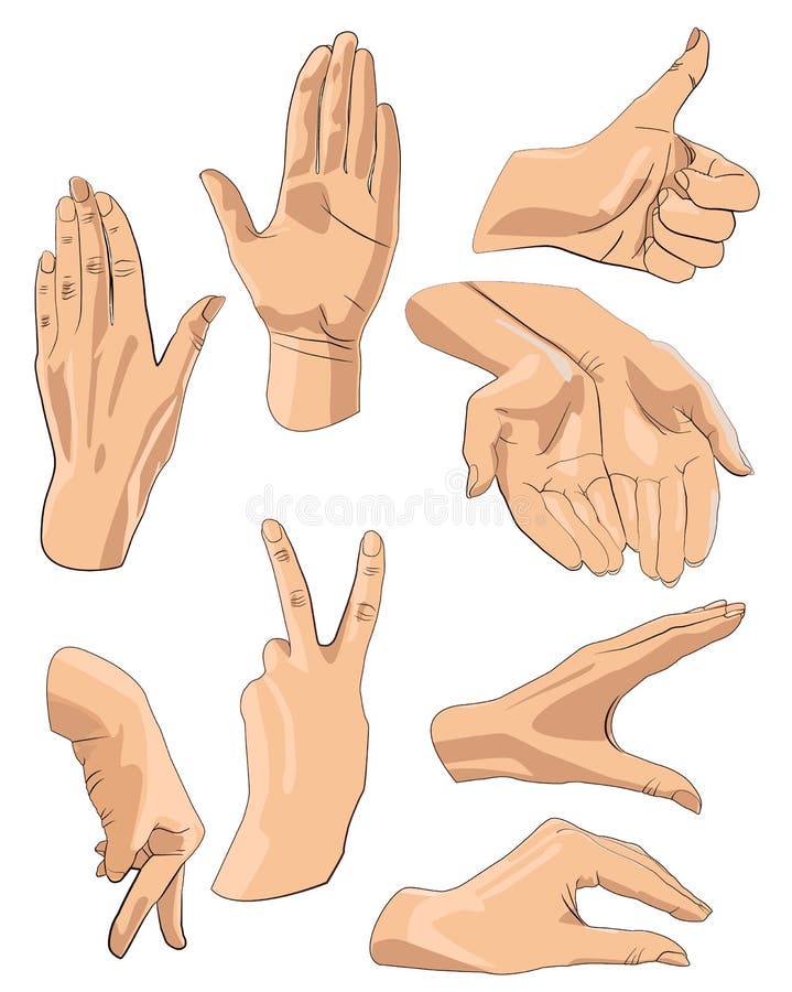 Set of Hands in Different Gestures Emotions and Signs Stock Vector ...