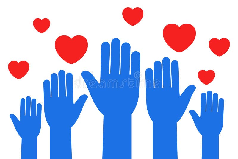 Set hands with hearts, charity work icon, organization of volunteers, raised helping hands, family community -