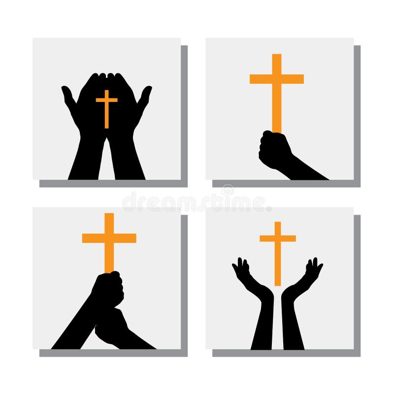 Set of hands holding christian cross - vector icons