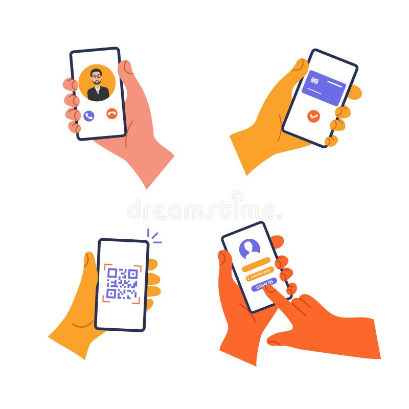 Set of hands are holding mobile phone with different apps. Contactless payment, video call, qr code scanning, signing up user data. Vector illustration in a trendy flat style isolated on white.