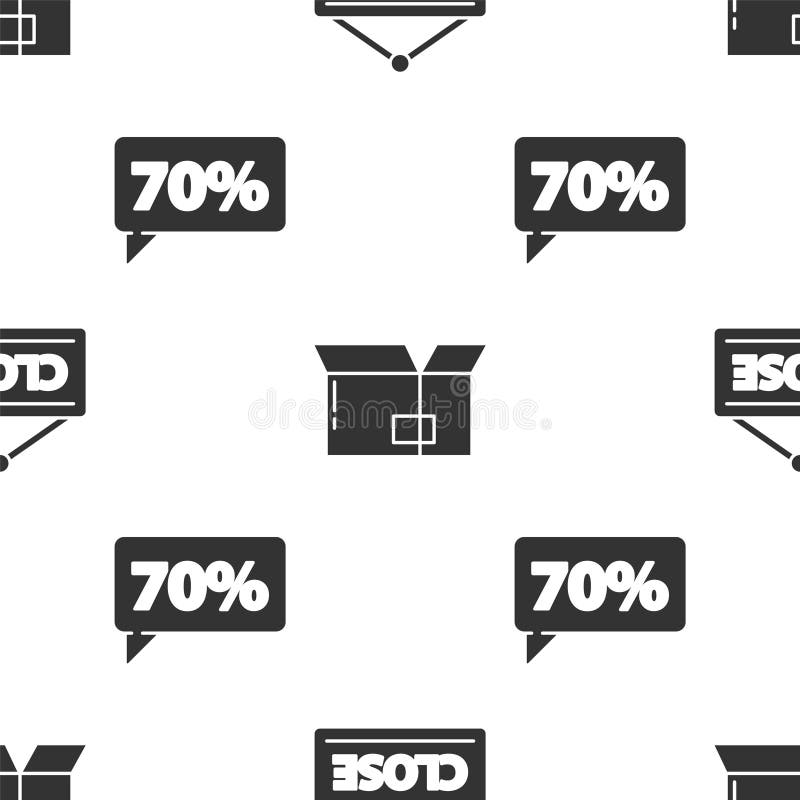 Set Hanging sign with Closed, Carton cardboard box and Seventy discount percent tag on seamless pattern. Vector royalty free illustration