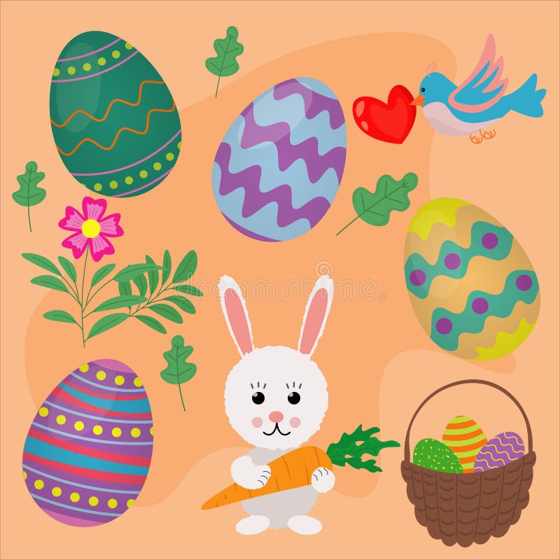 Set of Happy Easter Holiday with Elements of Eggs, Holiday Rabbit