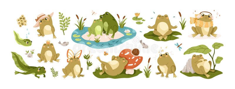 Set of happy frogs, funny toads and cute tadpoles. Set of childish froggy characters with pond, water, leaf, insect and