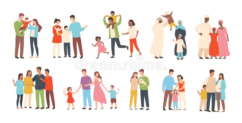 Set of happy traditional heterosexual families with children. Smiling mother, father and kids. Cute cartoon characters