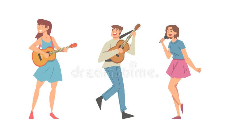 Set of happy young people playing guitar and singing cartoon vector illustration