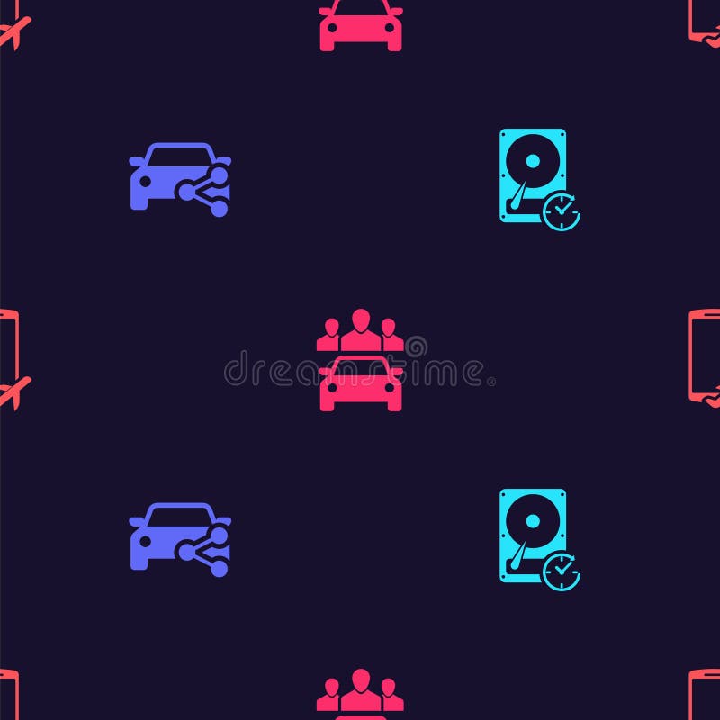 Set Hard Disk Drive with Clockwise, Car Sharing, and Flight Mode the Mobile on Seamless Pattern