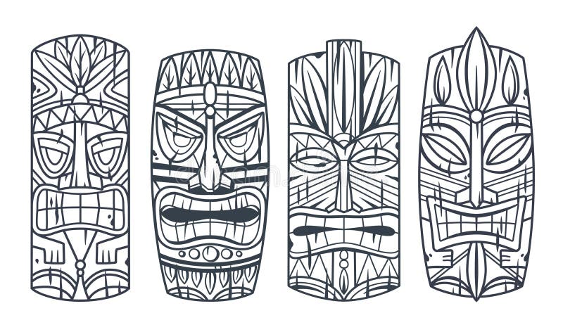 Set of Hawaii Tiki Mask or Face Idol. Ethnic Totem Stock Vector ...