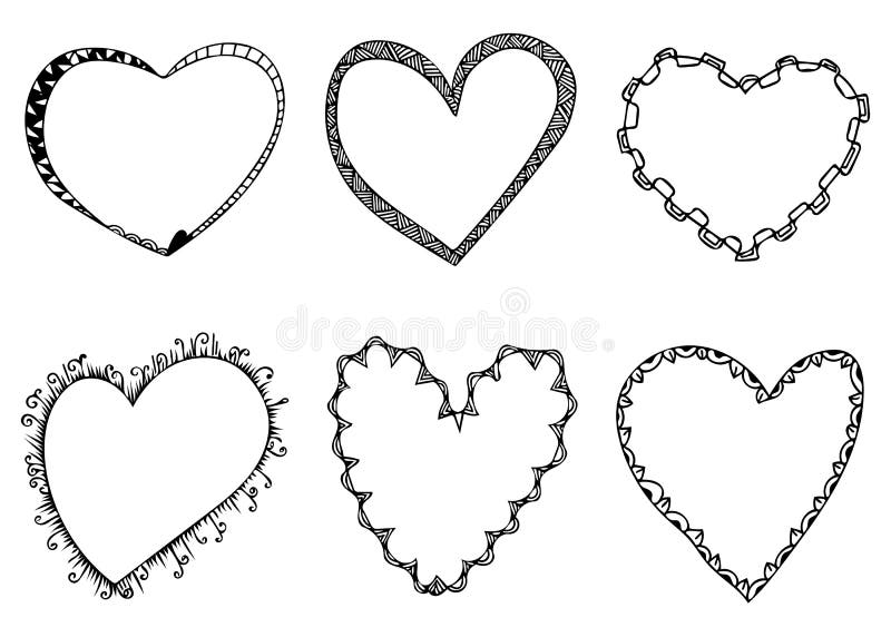 Set of heart shaped doodle lines hand drawn frames vector illustration