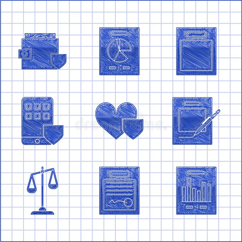 Set Heart with shield, Filled form, Document graph chart, Blank notebook and pen, Scales of justice, Smartphone royalty free illustration