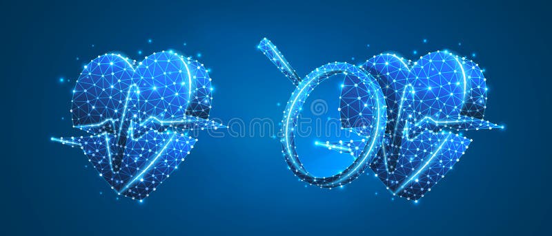 Set of Hearts with pulse lines and magnifying glass. Technology concept of healthcare, cardio check. Low poly, wireframe 3d vector