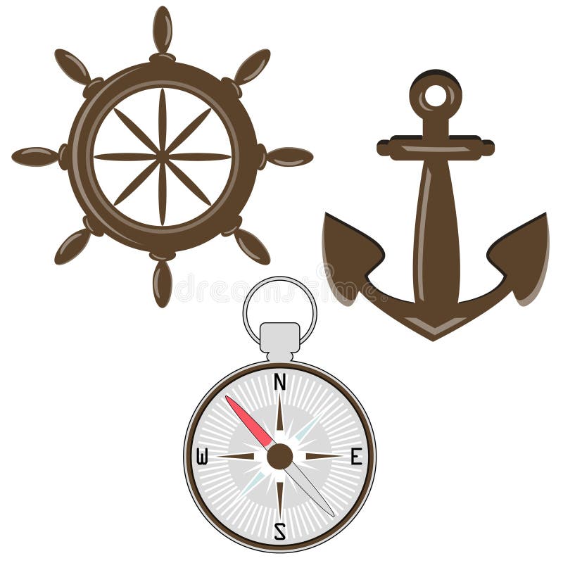 Set of Helm, Compass and Anchor Stock Vector Illustration of chain