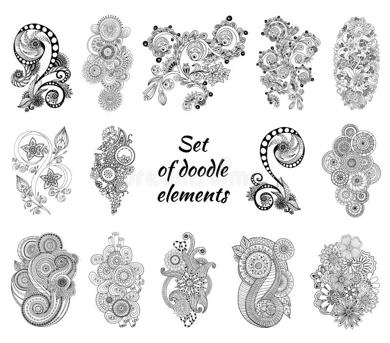 Set of Henna Paisley Mehndi Doodles Element. stock illustration