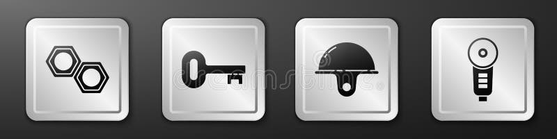 Set Hexagonal metal nut, Old key, Worker safety helmet and Angle grinder icon. Silver square button. Vector stock illustration