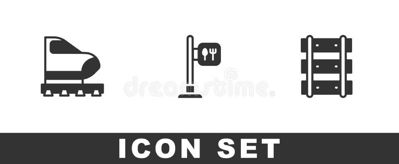 Set High-speed train, Cafe and restaurant location and Railway, railroad track icon. Vector stock illustration