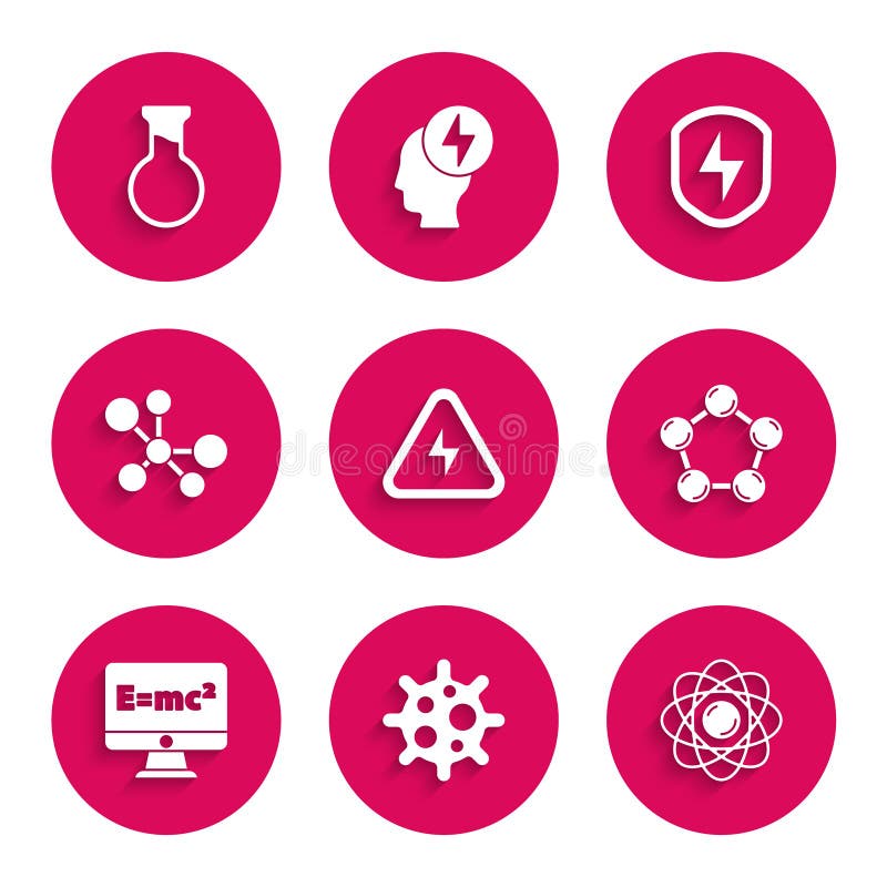 Set High voltage, Virus, Atom, Molecule, Equation solution, Secure shield with lightning and Test tube and flask icon stock illustration