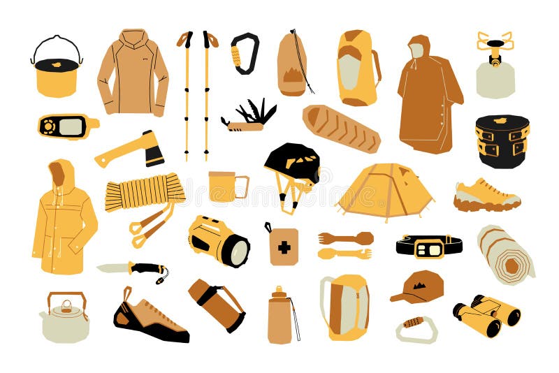Set of Hiking Equipment. Items for Hiking, Trekking and Climbing Stock