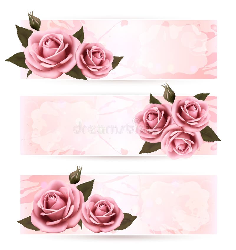 Set of Holiday Banners with Pink Beautiful Roses. Stock Vector