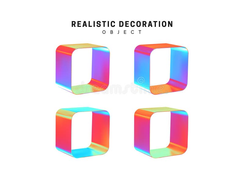 Set through and hollow cubes. Square Realistic geometric shapes with holographic color gradient. Hologram decorative vector illustration