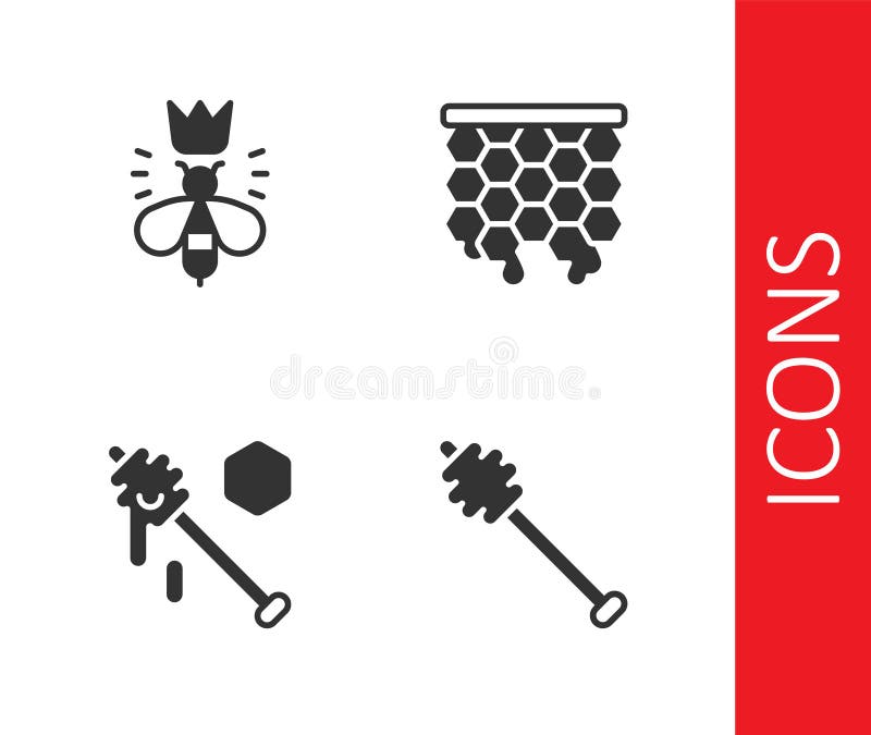 Set Honey Dipper Stick, Queen Bee, and Icon. Vector Stock