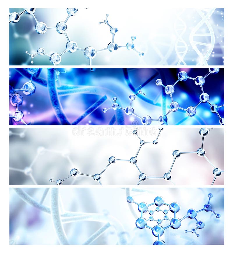 Set of horizontal banner with abstract molecular structure, DNA. Copy space for text. Genetic engineering, GMO, gene manipulation vector illustration
