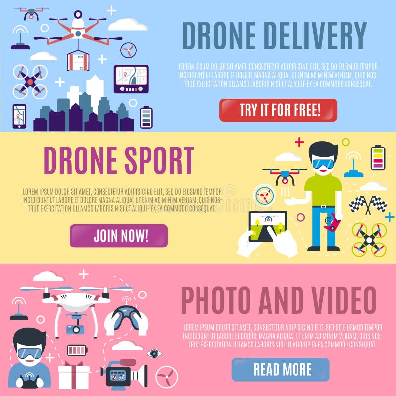 Set of horizontal banner for aerial drone delivery, sport, photo and video royalty free illustration Set of horizontal banner for aerial drone delivery, sport, photo and video royalty free illustration