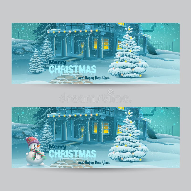 Set of horizontal banners with Christmas and New Year with the image of a snowy night with a snowman and Christmas trees royalty free illustration Set of horizontal banners with Christmas and New Year with the image of a snowy night with a snowman and Christmas trees royalty free illustration
