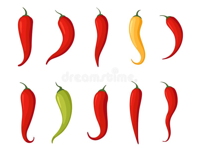 Set of hot chili peppers of different colors and shapes. Spicy food ingredient.