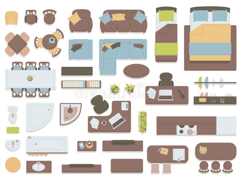 Set of House Furniture Overhead Top View Icons Flat Vector Illustration ...