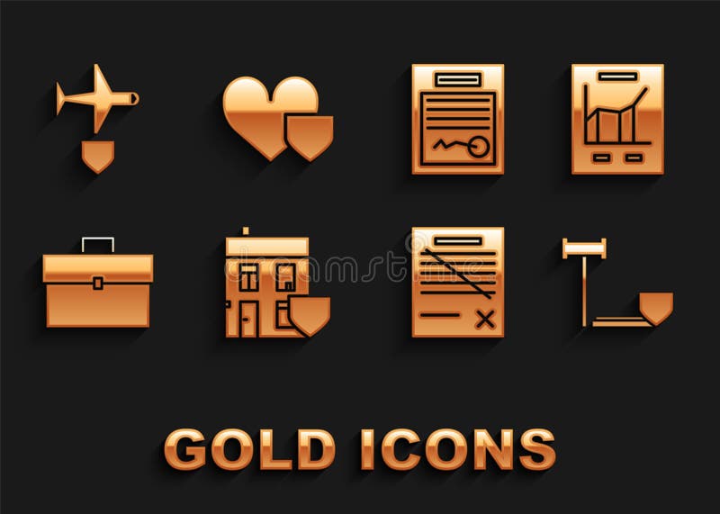 Set House with shield, Document graph chart, Judge gavel, Delete file document, Briefcase, Filled form, Plane and Heart royalty free illustration
