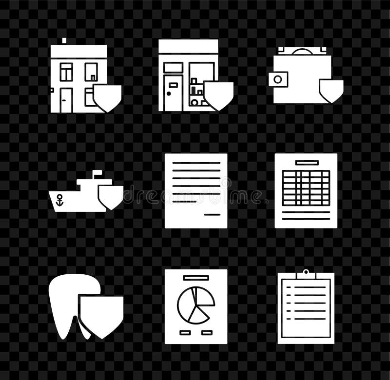 Set House with shield, Shopping building, Wallet and money, Tooth, Document graph chart, Clipboard checklist, Ship and stock illustration