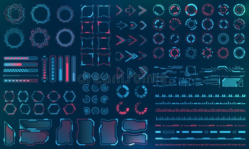 Set HUD Interface Elements - Lines, Circles, Pointers, Frames, Bar Download for Web Applications royalty free illustration