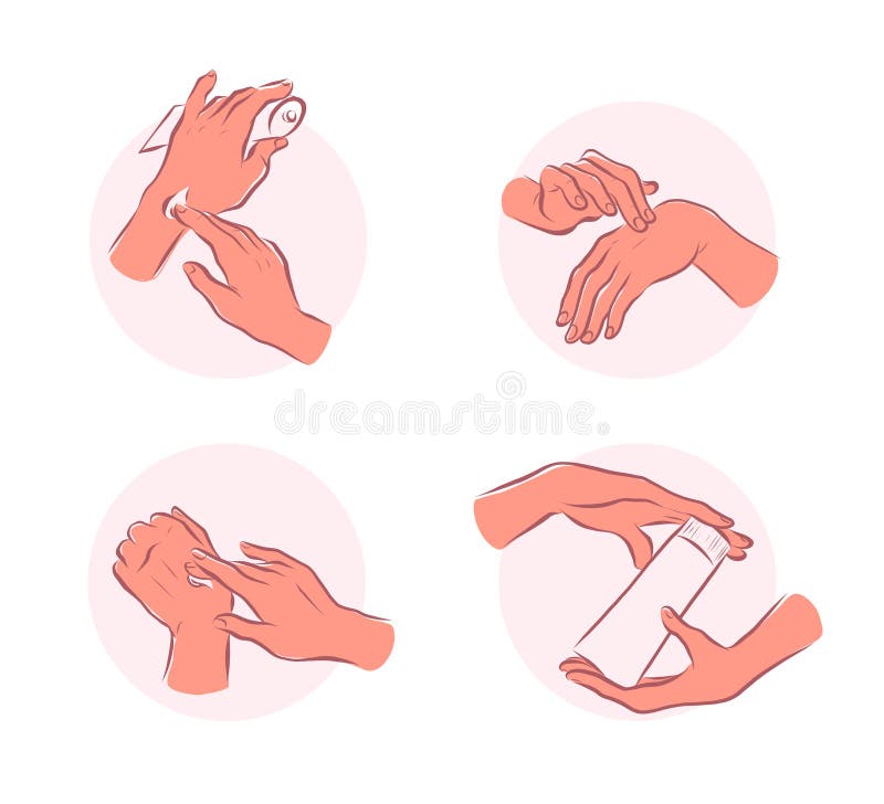 Set of human hands emblems with hand cream hold moisturizer tube, smear each other isolated on white background.