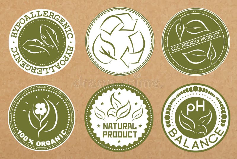 Set of hypoallergenic, recyclable, eco friendly, organic badges, icons, sticker layouts stock illustration Set of hypoallergenic, recyclable, eco friendly, organic badges, icons, sticker layouts stock illustration