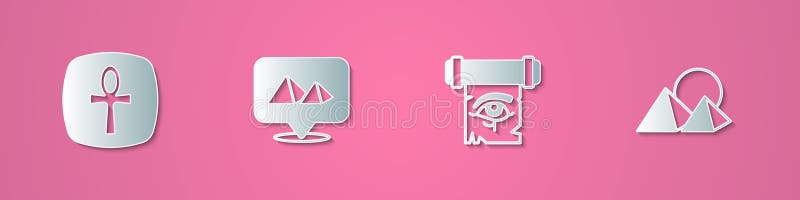 Set hârtie tăiată în piramidele egiptului încrucișat, ochi de cal pe pergament și pictogramă papirus. stil artă hârtie. vector stock illustration