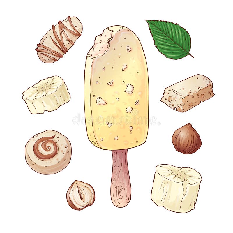 Set Ice Cream Banana Candy Chocolate Nuts. Hand Drawing. Vector