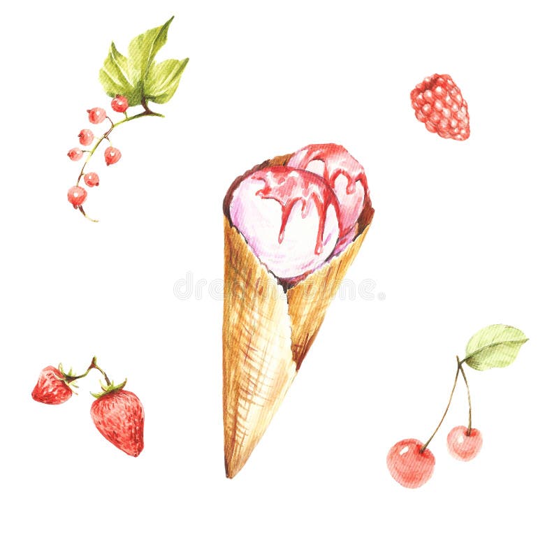 Set with Icecream and Ingredients . Hand Drawing Watercolor