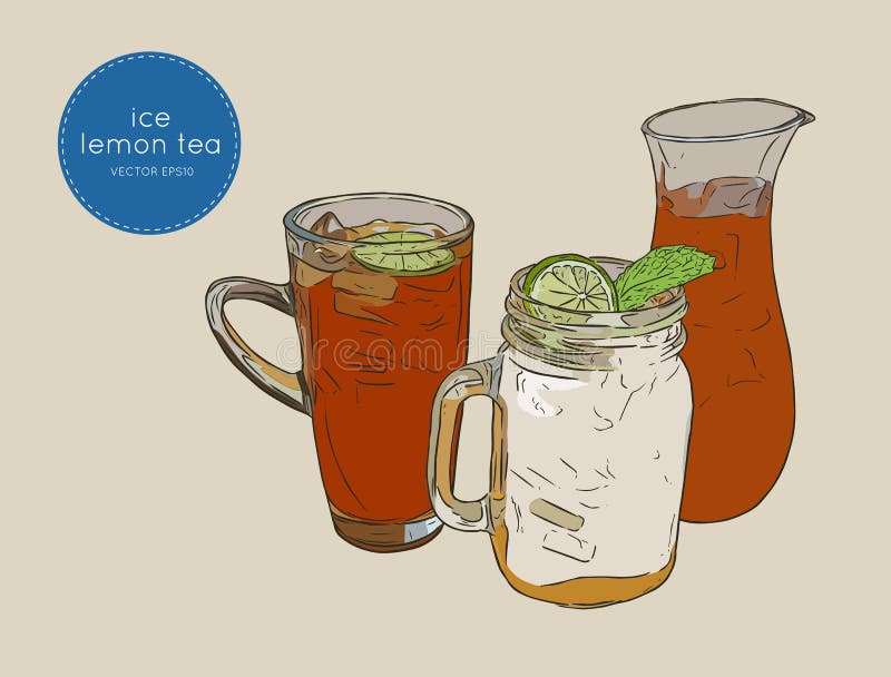 Set of Iced Lemon Mint Tea , Sketch Vector. Stock Vector Illustration