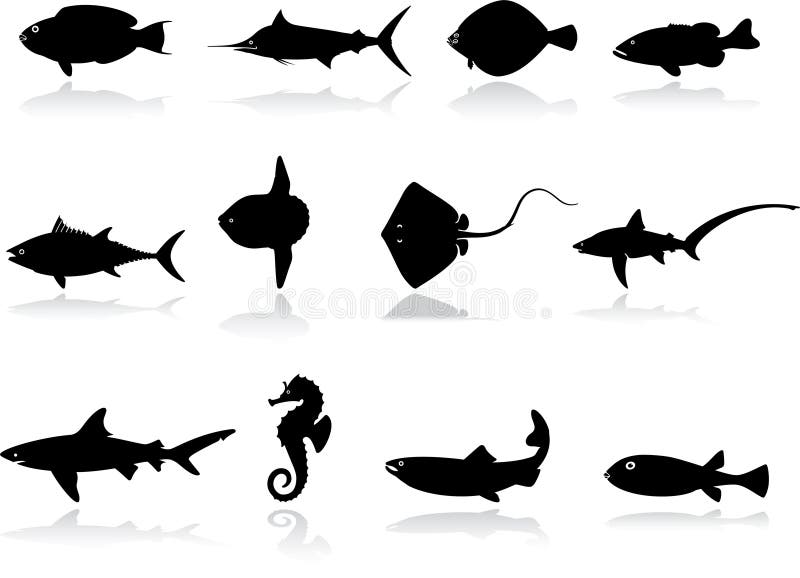 Set icons - 11. Fishes. Set of twelve vector icons. Tropical animal icons vectors