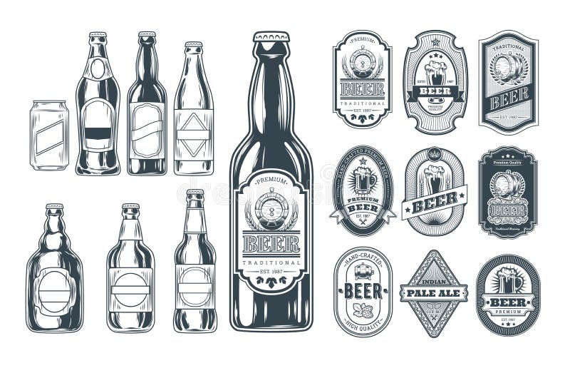 Set of icons beer bottles and label them stock illustration Set of icons beer bottles and label them stock illustration