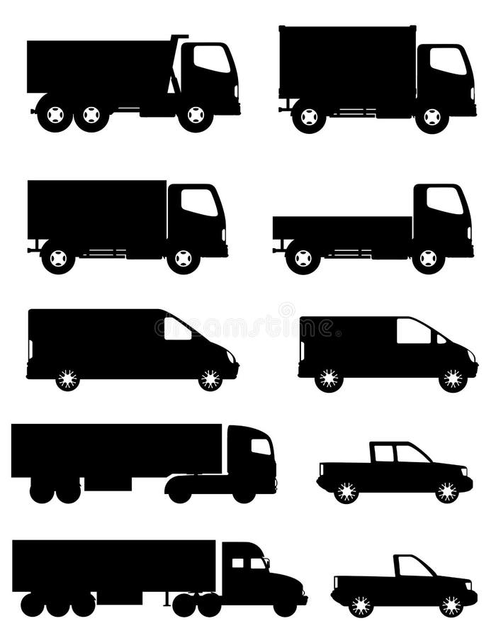 Set of Icons Cars and Truck for Transportation Cargo Black Silhouette ...