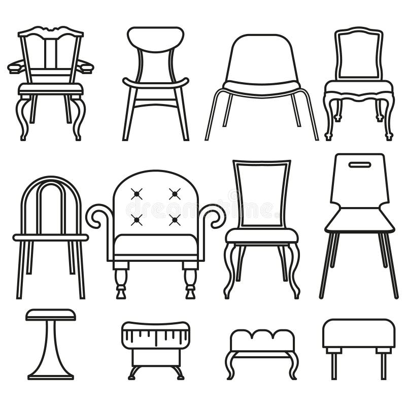 Set Icons of Chairs and Stools. Stock Vector Illustration of black
