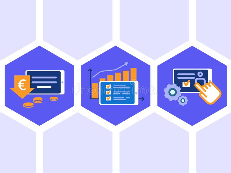 Set of icons concerning to table pc device: low price, high scores, simple settings. Flat design vector illustrations