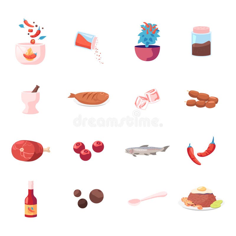 Set of Icons Food and Condiments Red Hot Chilli Pepper, Allspice, Mortar and Fried Fish, Ice Cubes