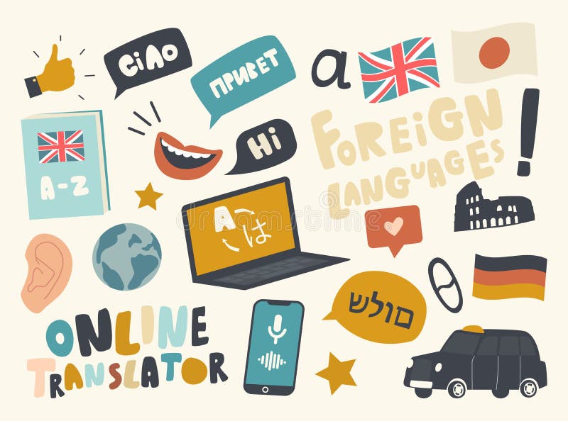 Set of Icons Foreign Language Translation Service Theme. Laptop, Country Flags, Taxi Car and Smiling Mouth, Mobile Phone